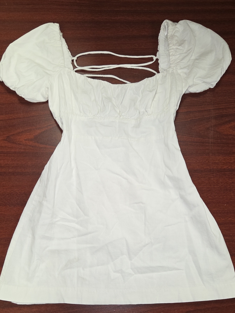 White Puff-Sleeve Mini Dress with Square Neck and Tie-Back
